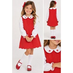 Trotter St. Kids Red White Scalloped Bow Peter Pan‎ Collar Dress Size 6